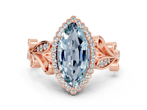 Rose gold Marquise Cut Aquamarine Halo Ring with Vintage Split Shank and Four-Prong Setting