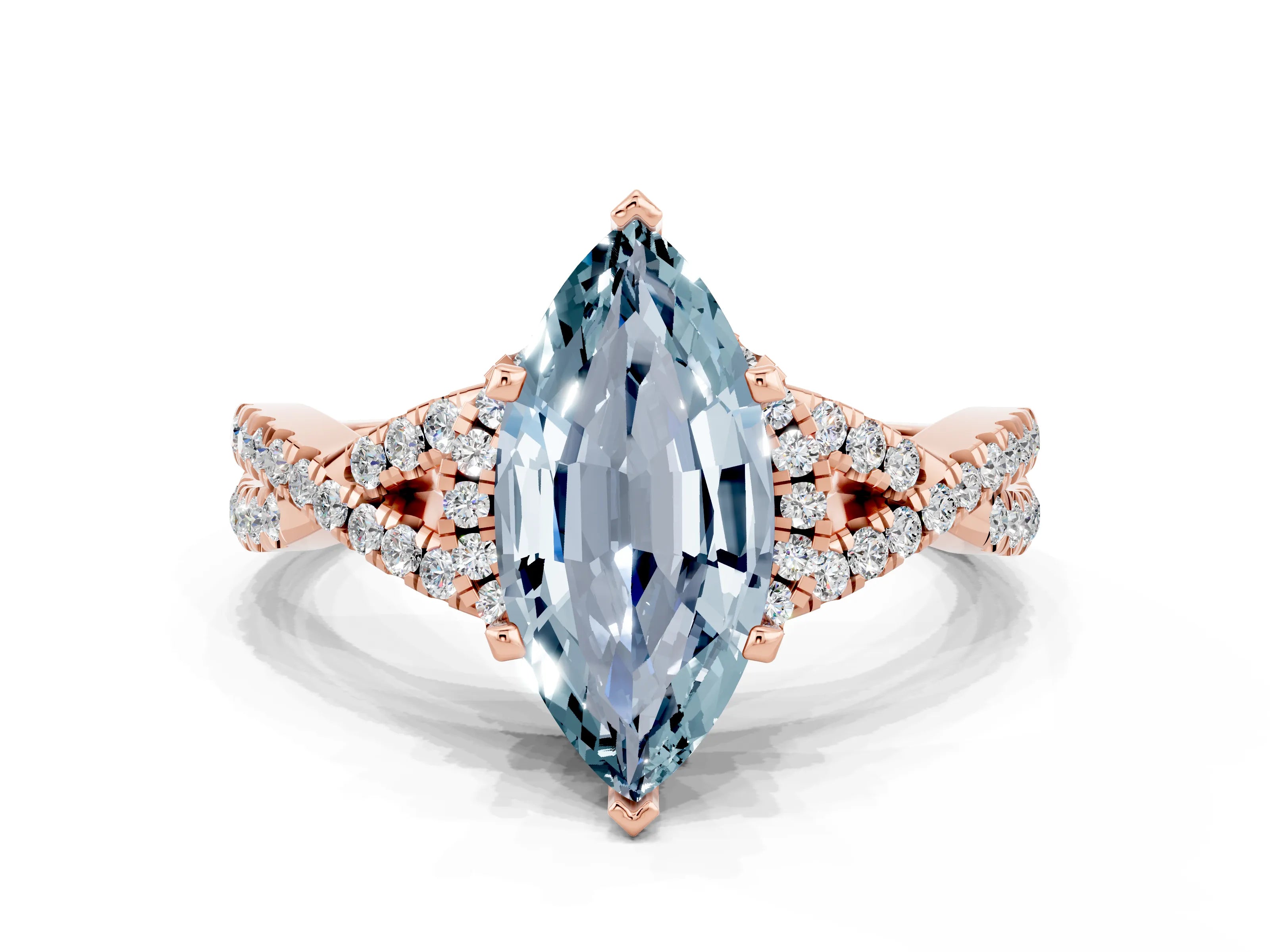 Rose gold Marquise Cut Aquamarine Halo Twist Band Solitaire Prong Setting Ring