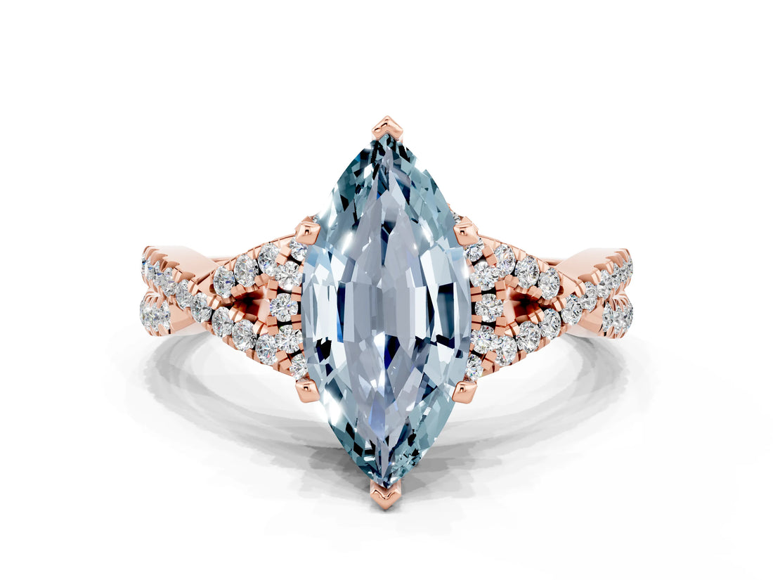 Rose gold Marquise Cut Aquamarine Halo Twist Band Solitaire Prong Setting Ring