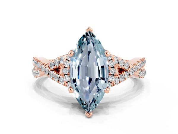 Rose gold Marquise Cut Aquamarine  Halo Twist Band Solitaire Prong Setting Ring