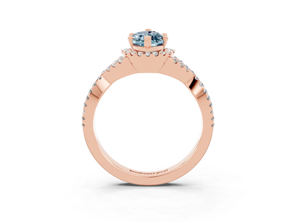 Rose gold Marquise Cut Aquamarine  Halo Twist Band Solitaire Prong Setting Ring