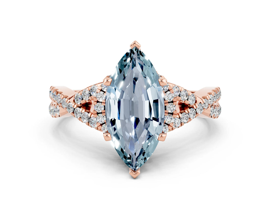 Rose gold Marquise Cut Aquamarine  Halo Twist Band Solitaire Prong Setting Ring_42