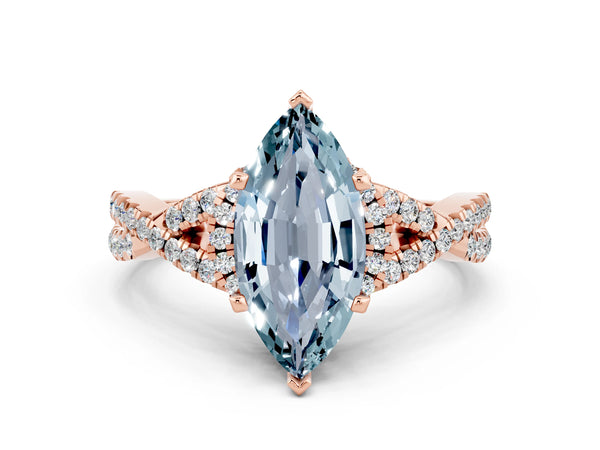 Rose gold Marquise Cut Aquamarine  Halo Twist Band Solitaire Prong Setting Ring