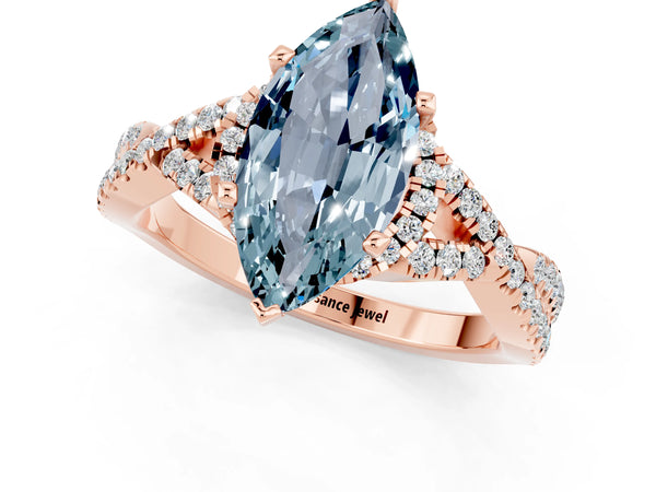 Rose gold Marquise Cut Aquamarine  Halo Twist Band Solitaire Prong Setting Ring
