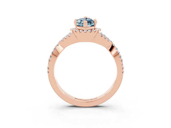 Rose gold Marquise Cut Aquamarine  Halo Twist Band Solitaire Prong Setting Ring