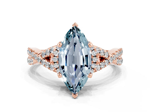 Rose gold Marquise Cut Aquamarine Halo Twist Band Solitaire Prong Setting Ring