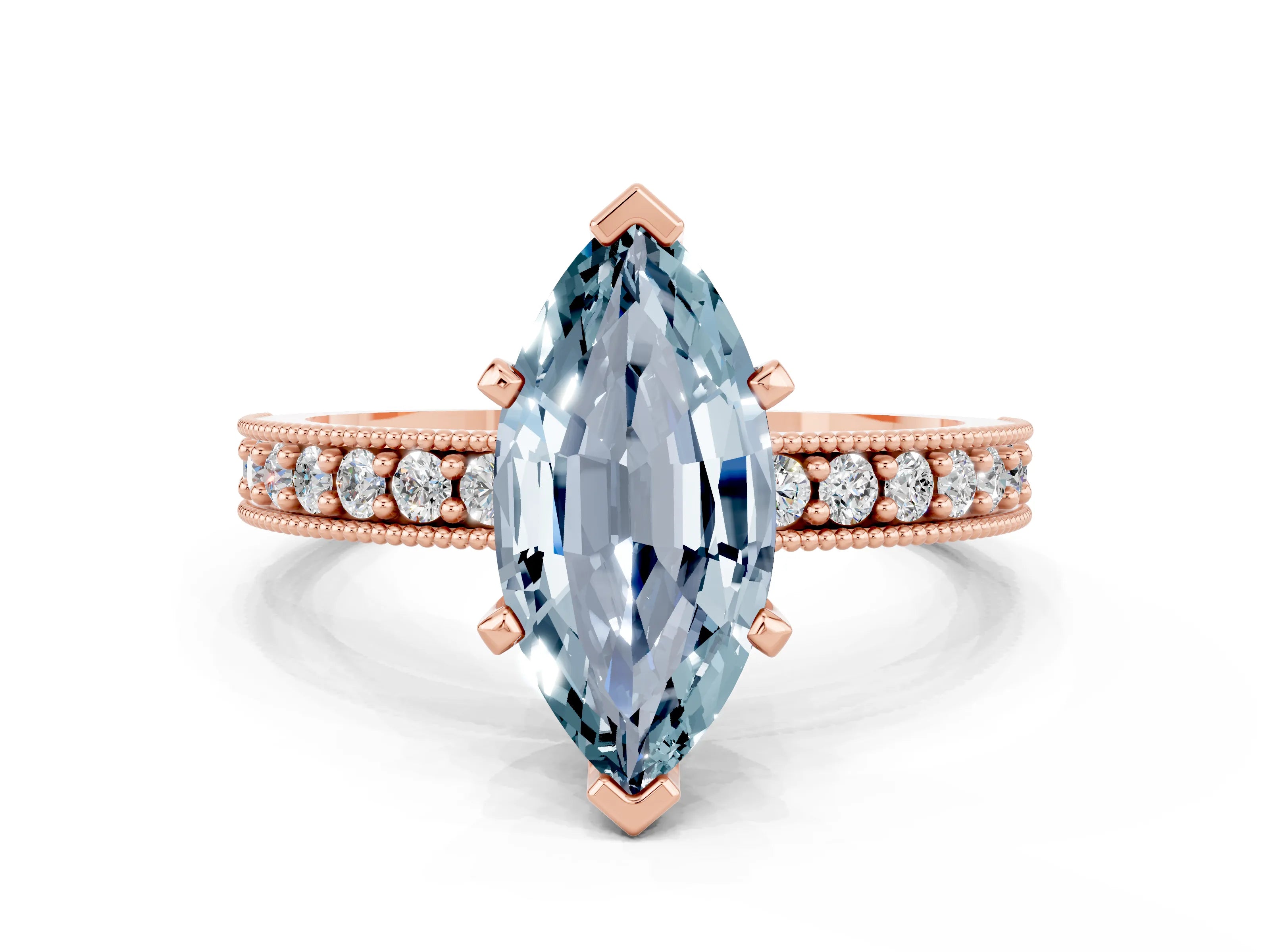 Rose gold Marquise Cut Aquamarine Milgrain Pavé Engagement Ring with Four-Prong Setting
