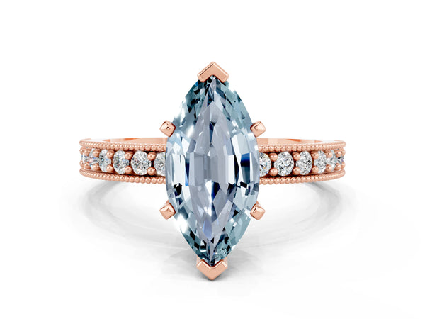 Rose gold Marquise Cut Aquamarine Milgrain Pavé Engagement Ring with Four-Prong Setting