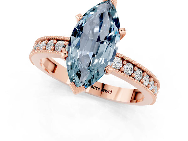 Rose gold Marquise Cut Aquamarine Milgrain Pavé Engagement Ring with Four-Prong Setting