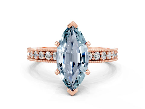 Rose gold Marquise Cut Aquamarine Milgrain Pavé Engagement Ring with Four-Prong Setting