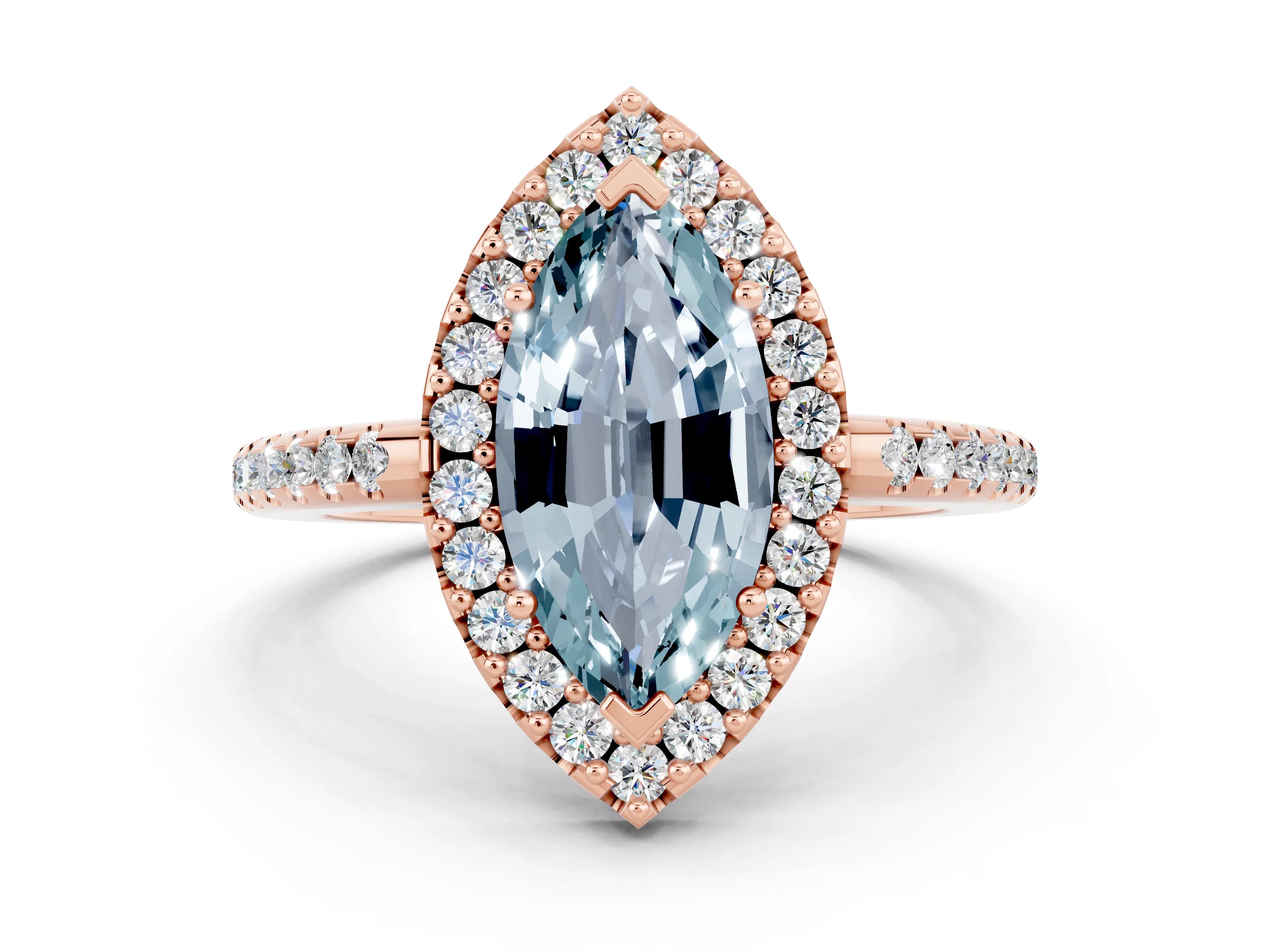 Rose gold Marquise Cut Aquamarine Pavé Halo Ring with Four-Prong Setting_12