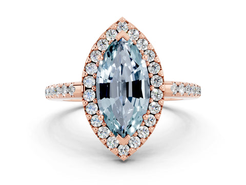 Rose gold Marquise Cut Aquamarine Pavé Halo Ring with Four-Prong Setting_12