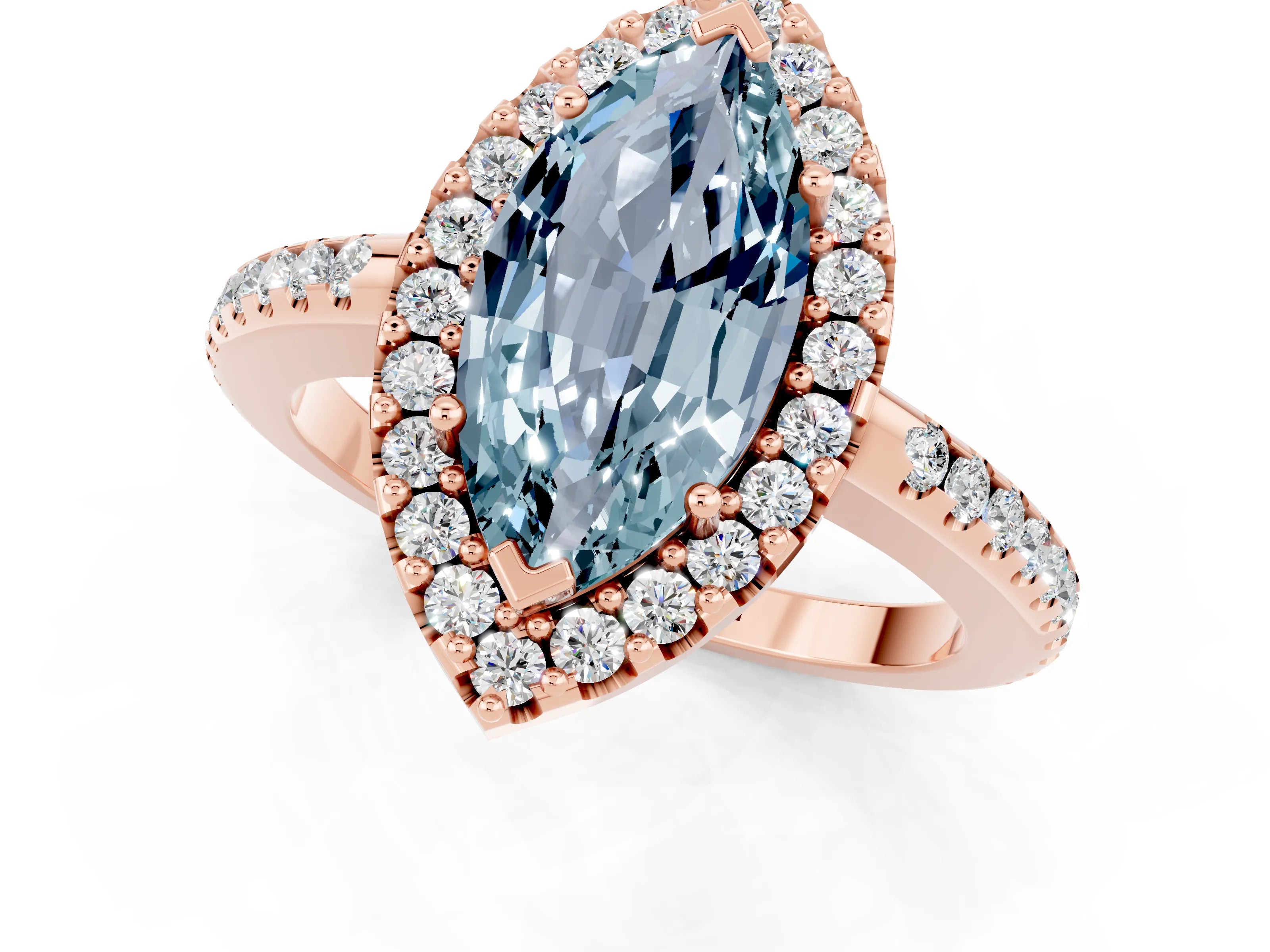 Rose gold Marquise Cut Aquamarine Pavé Halo Ring with Four-Prong Setting_13