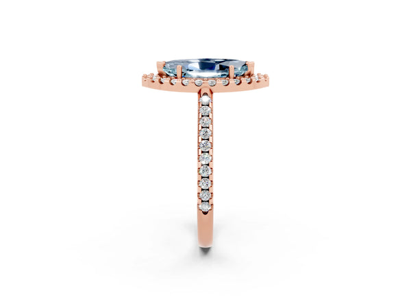 Rose gold Marquise Cut Aquamarine Pavé Halo Ring with Four-Prong Setting