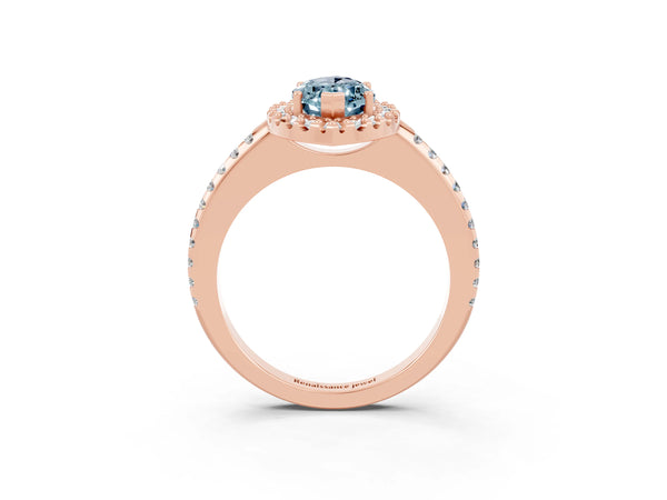 Rose gold Marquise Cut Aquamarine Pavé Halo Ring with Four-Prong Setting