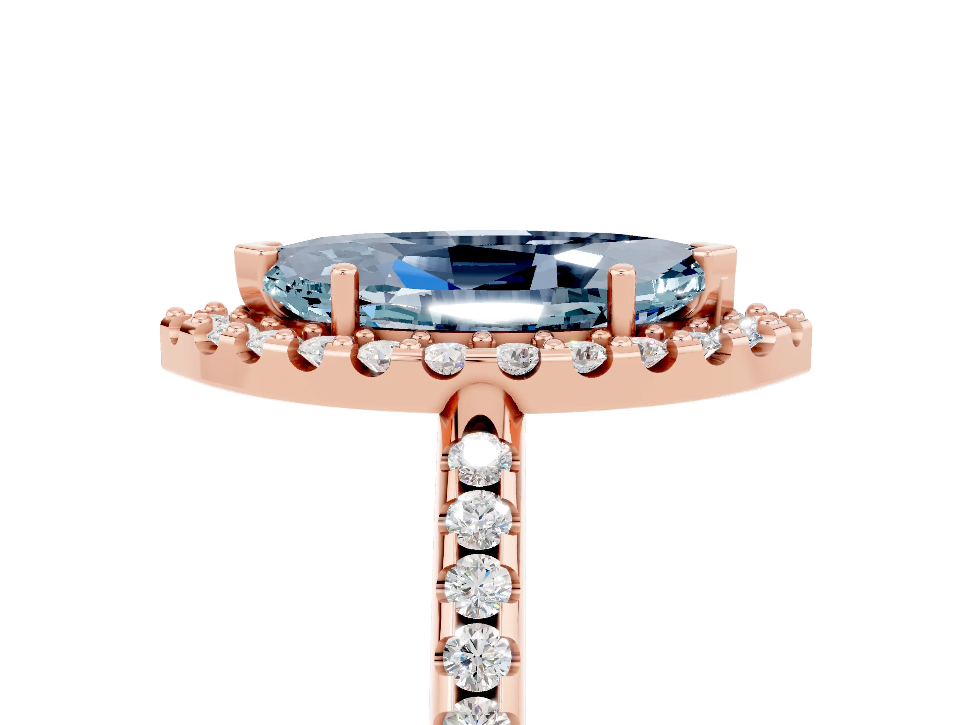 Rose gold Marquise Cut Aquamarine Pavé Halo Ring with Four-Prong Setting_17