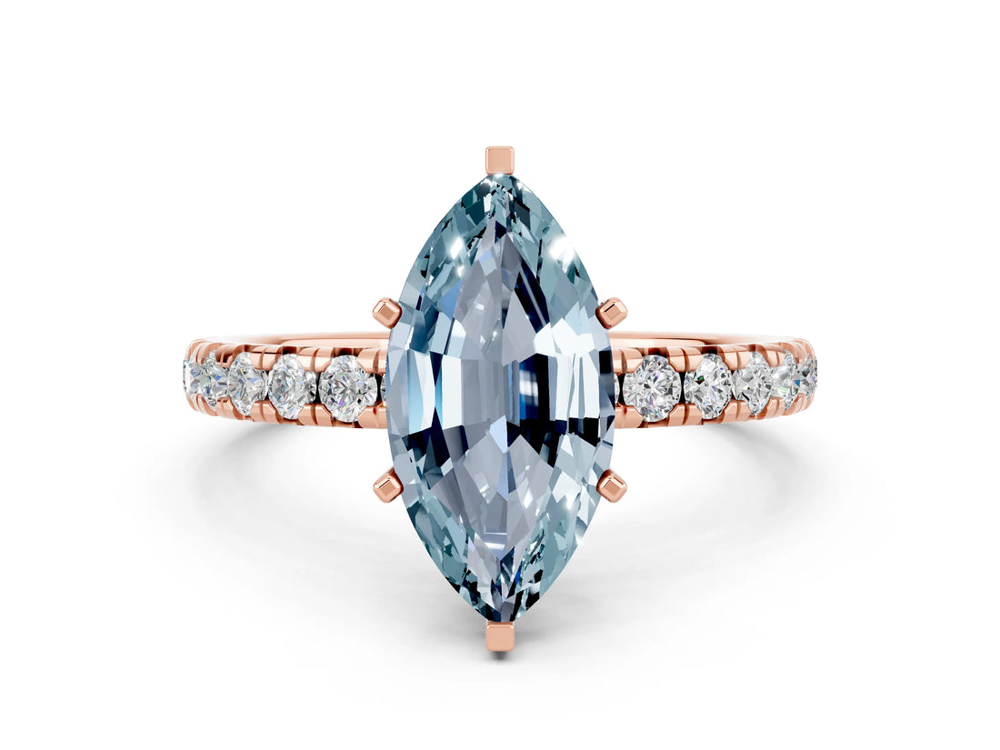 Rose gold Marquise Cut Aquamarine Pavé Solitaire Ring with Round Band and Prong Setting_24