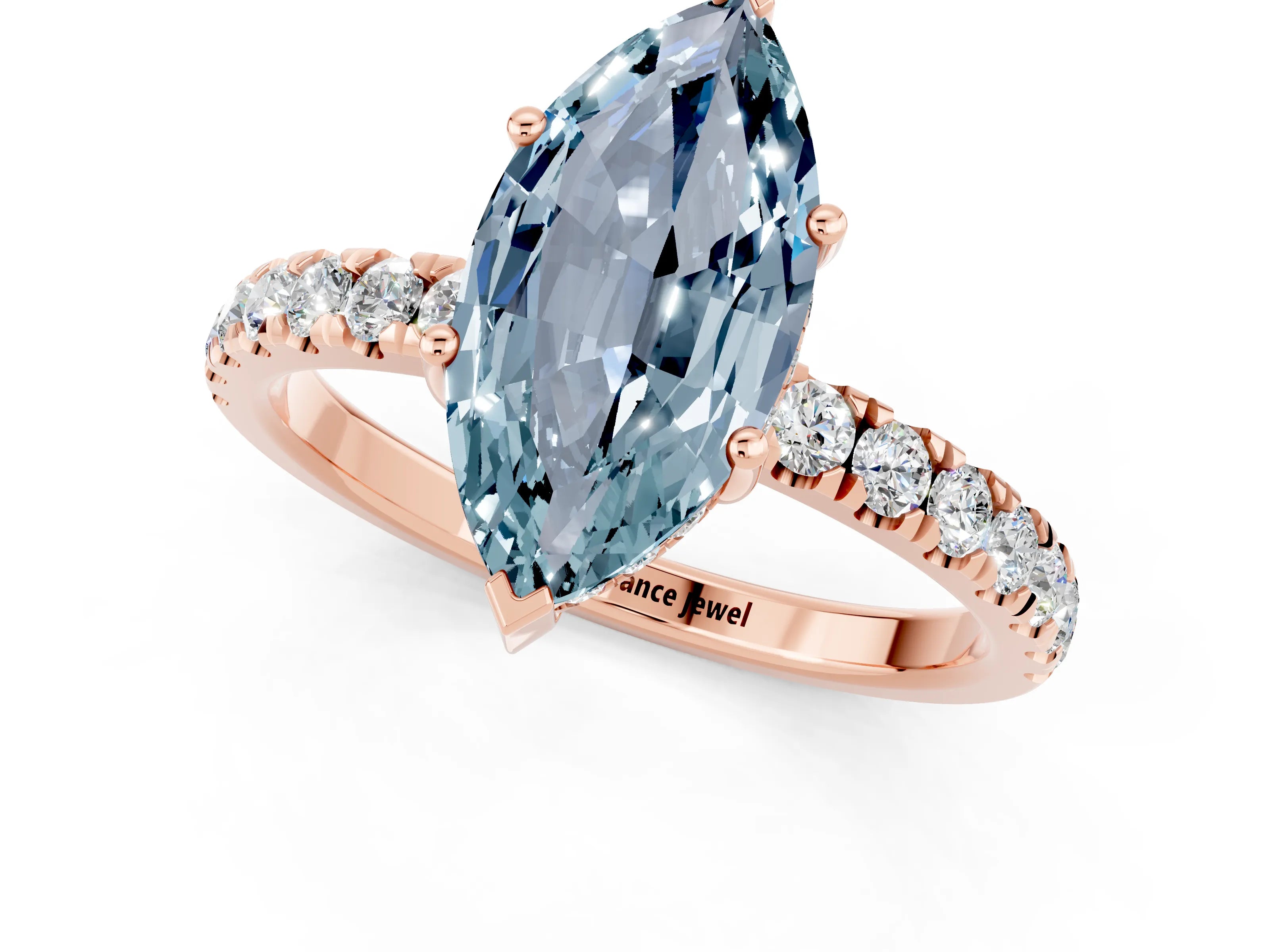 Rose gold Marquise Cut Aquamarine Pave Band Solitaire Ring with Four-Prong Setting_25