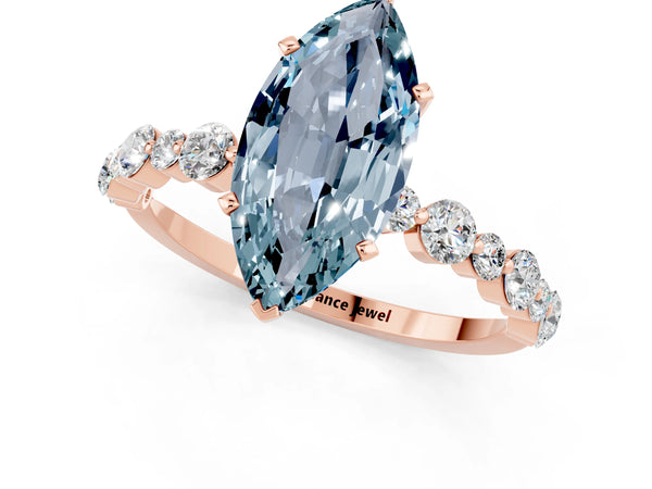Rose gold Marquise Cut Aquamarine Prong Set Engagement Ring with Pavé Band