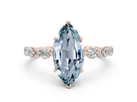 Rose gold Marquise Cut Aquamarine Prong Set Engagement Ring with Pavé Band