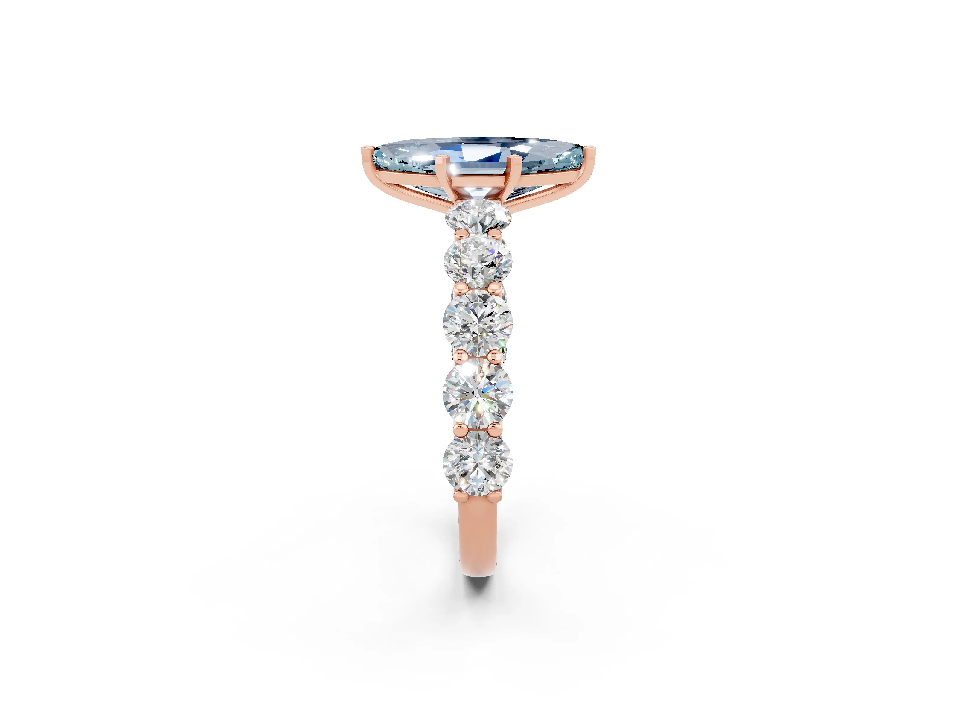 Rose gold Marquise Cut Aquamarine Prong Setting with Side Stones on a Pave Band_2
