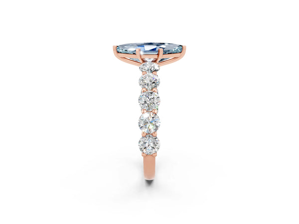 Rose gold Marquise Cut Aquamarine Prong Setting with Side Stones on a Pave Band
