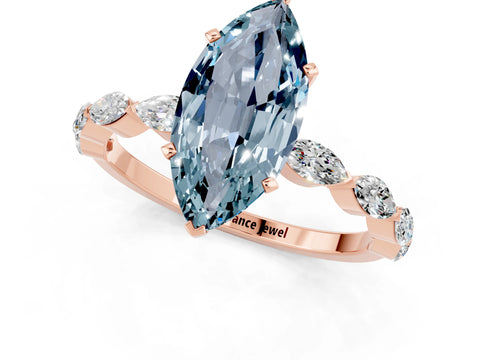 Rose gold Marquise Cut Aquamarine Ring with Marquise Side Stones and Prong Setting_1