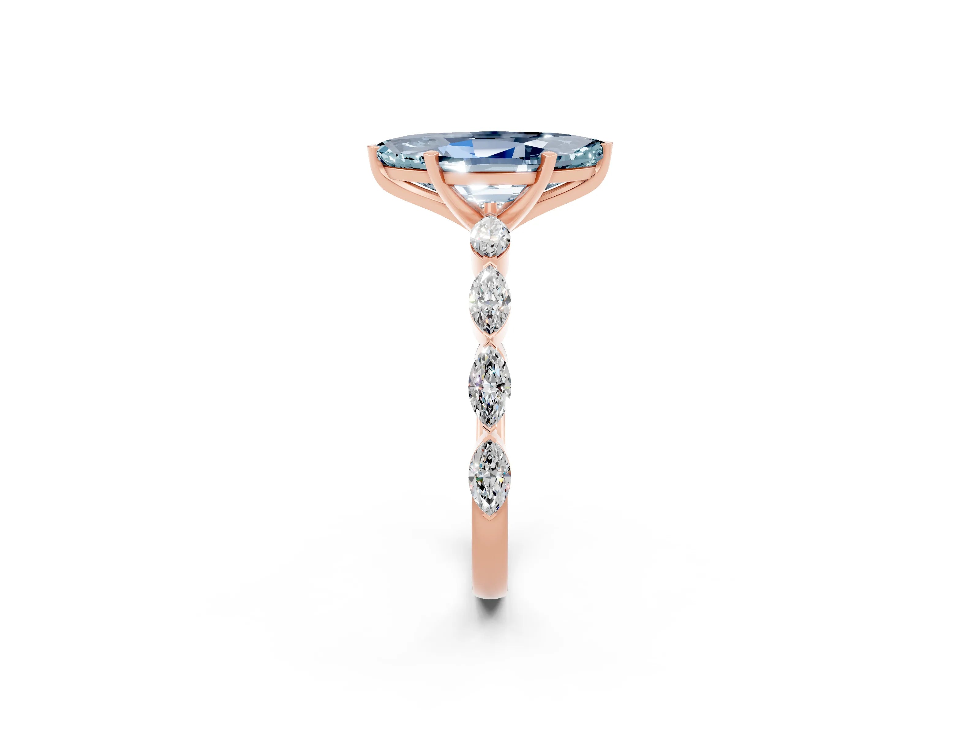Rose gold Marquise Cut Aquamarine Ring with Marquise Side Stones and Prong Setting_2