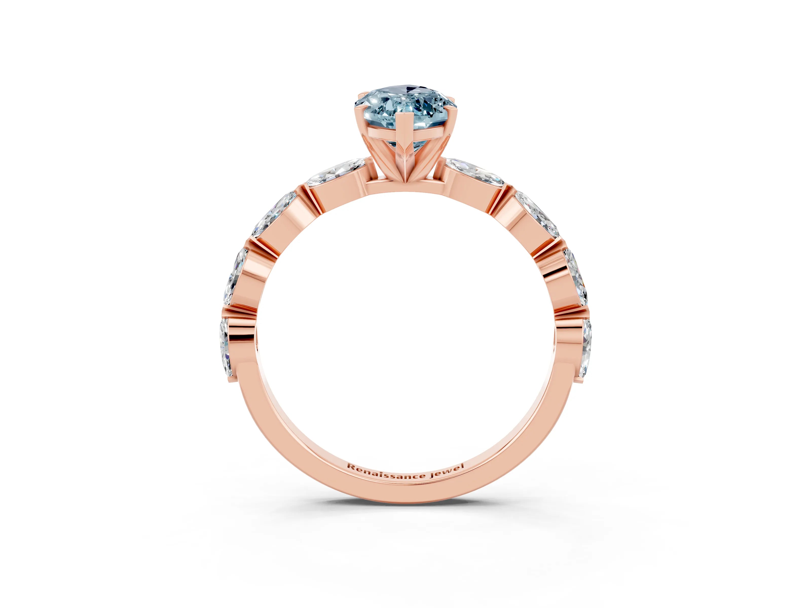 Rose gold Marquise Cut Aquamarine Ring with Marquise Side Stones and Prong Setting_3