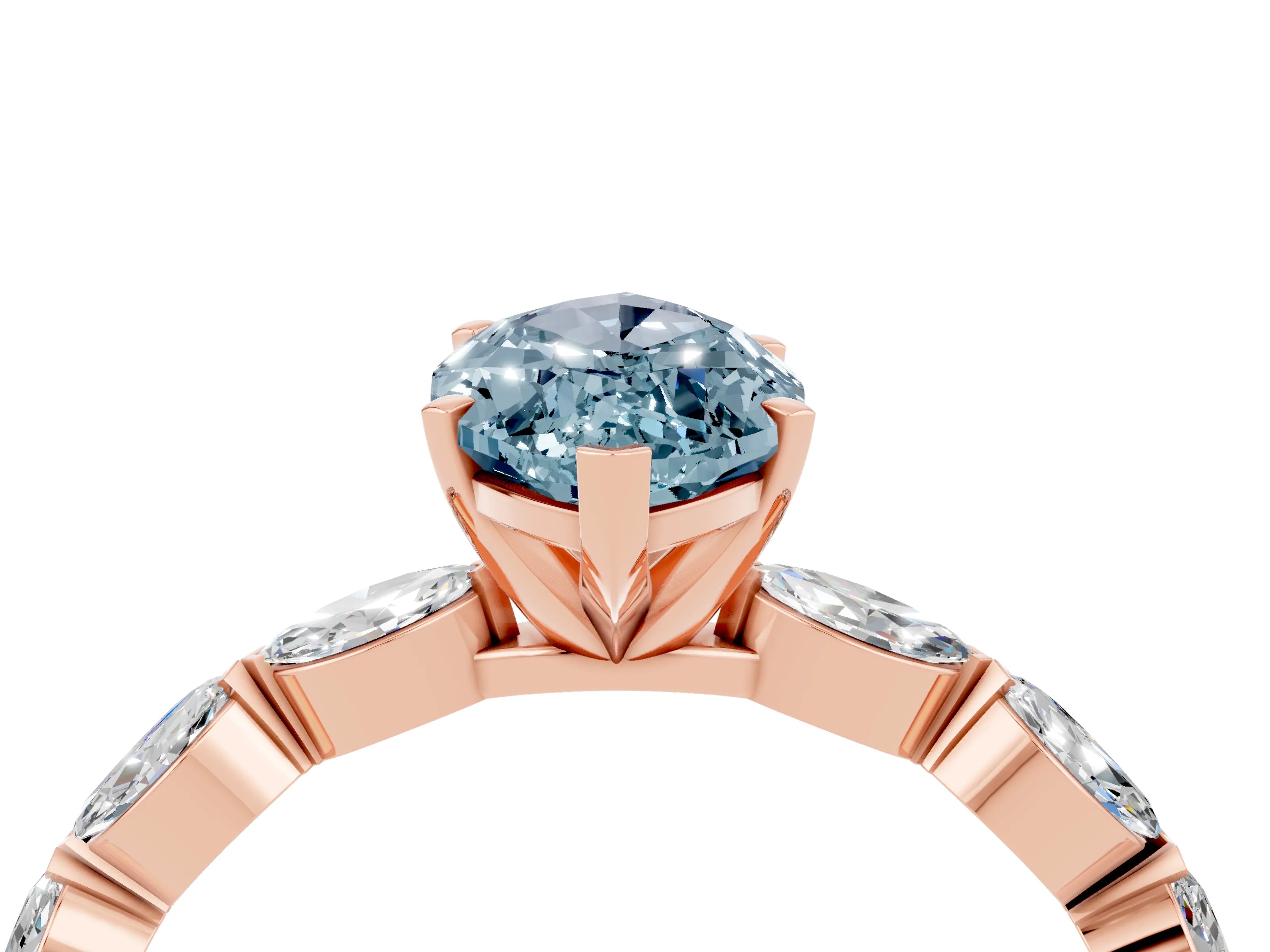 Rose gold Marquise Cut Aquamarine Ring with Marquise Side Stones and Prong Setting_4
