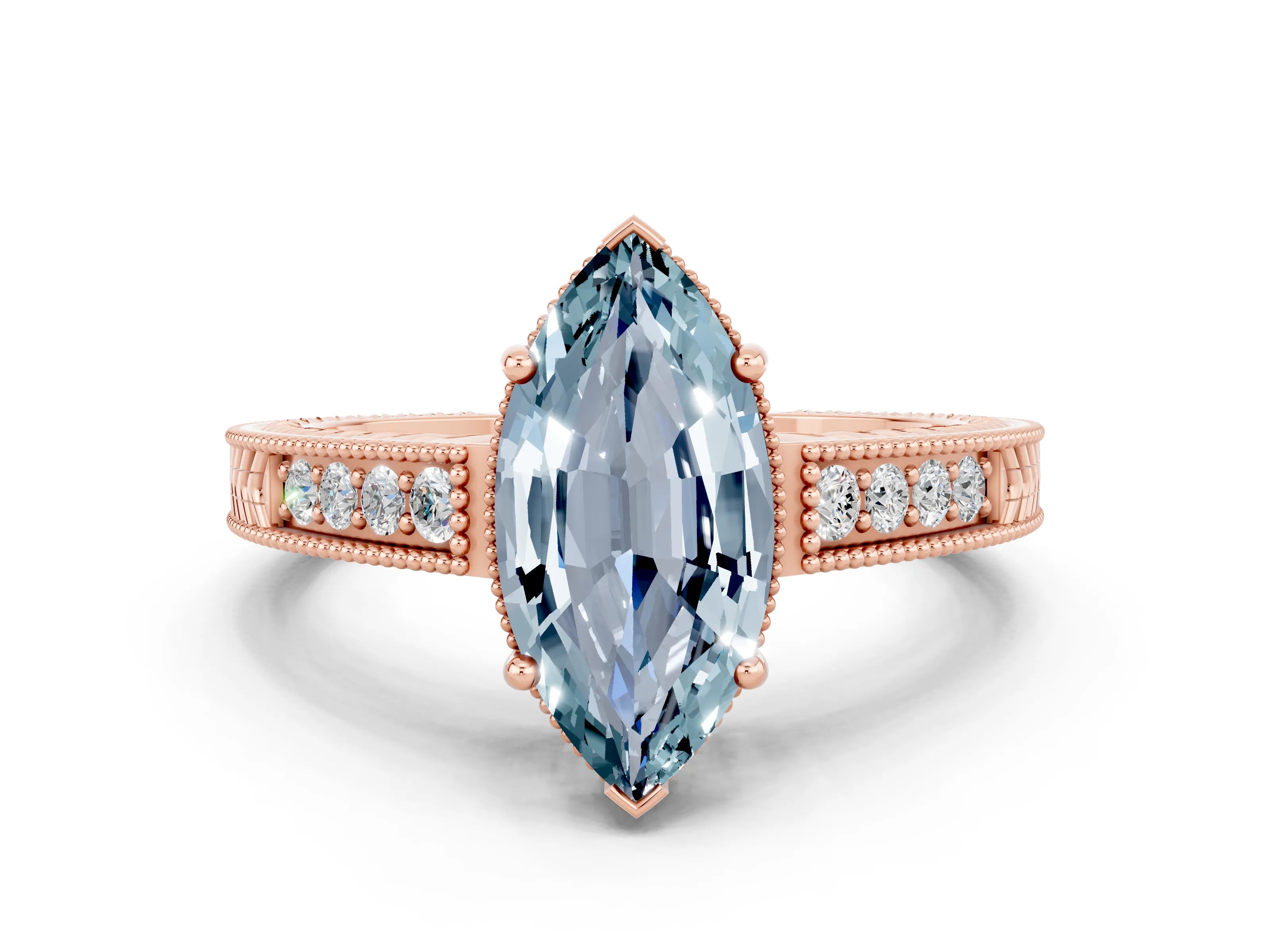 Rose gold Marquise Cut Aquamarine Ring with Milgrain Pavé Band and Four-Prong Setting_12