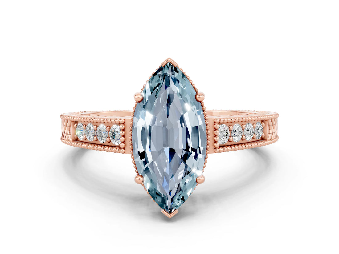 Rose gold Marquise Cut Aquamarine Ring with Milgrain Pavé Band and Four-Prong Setting_12