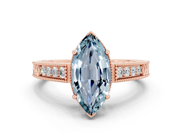 Rose gold Marquise Cut Aquamarine Ring with Milgrain Pavé Band and Four-Prong Setting
