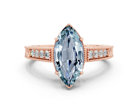 Rose gold Marquise Cut Aquamarine Ring with Milgrain Pavé Band and Four-Prong Setting_12