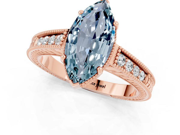 Rose gold Marquise Cut Aquamarine Ring with Milgrain Pavé Band and Four-Prong Setting