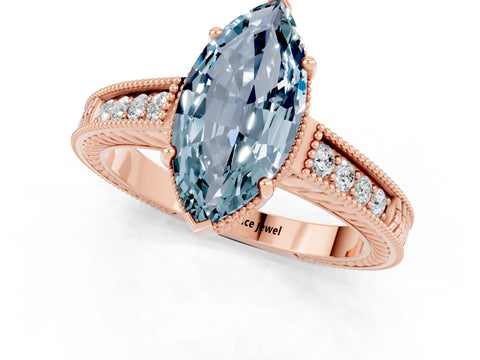Rose gold Marquise Cut Aquamarine Ring with Milgrain Pavé Band and Four-Prong Setting_13