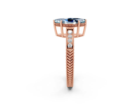 Rose gold Marquise Cut Aquamarine Ring with Milgrain Pavé Band and Four-Prong Setting_14