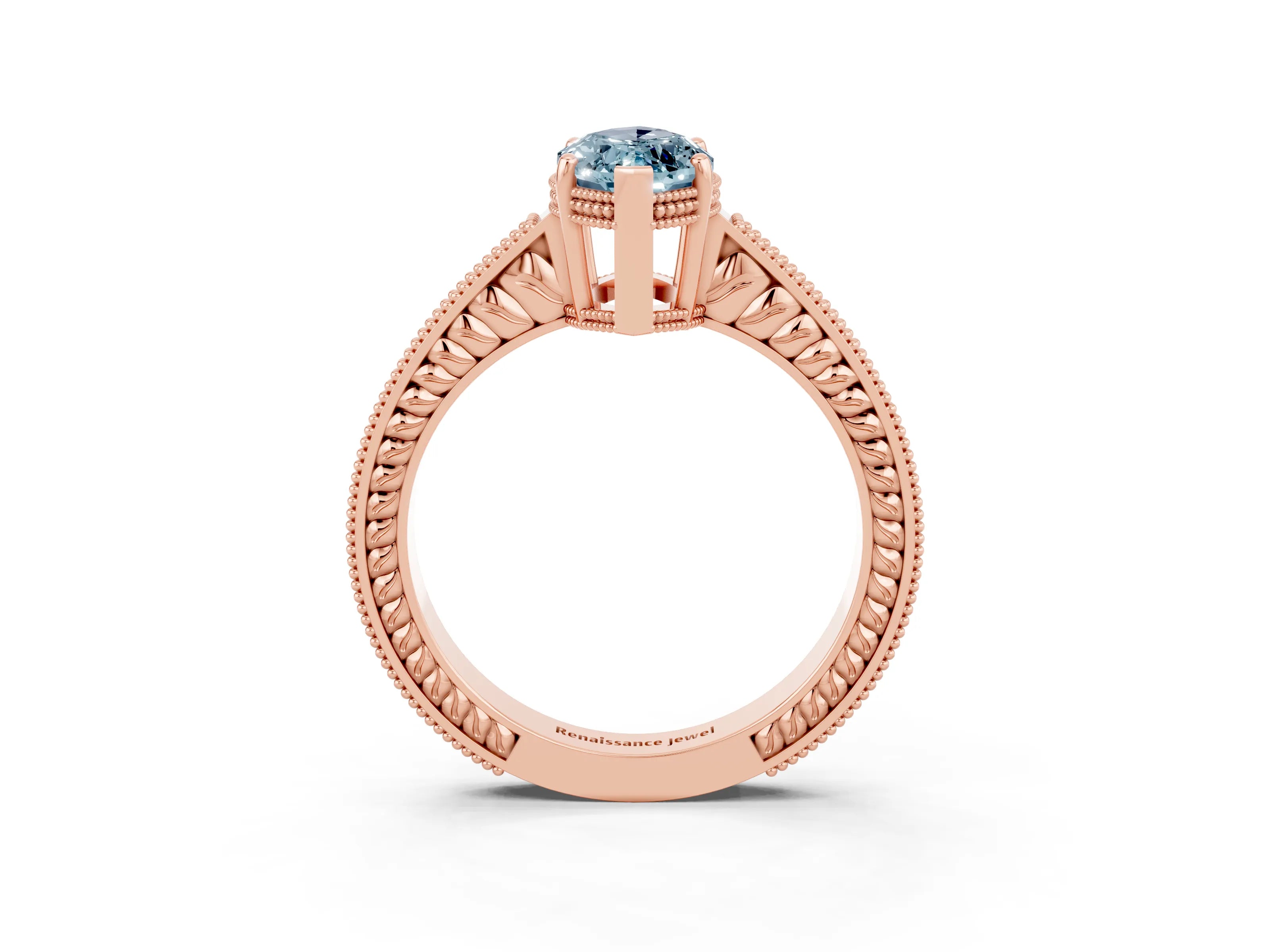 Rose gold Marquise Cut Aquamarine Ring with Milgrain Pavé Band and Four-Prong Setting_15