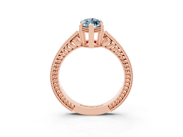 Rose gold Marquise Cut Aquamarine Ring with Milgrain Pavé Band and Four-Prong Setting