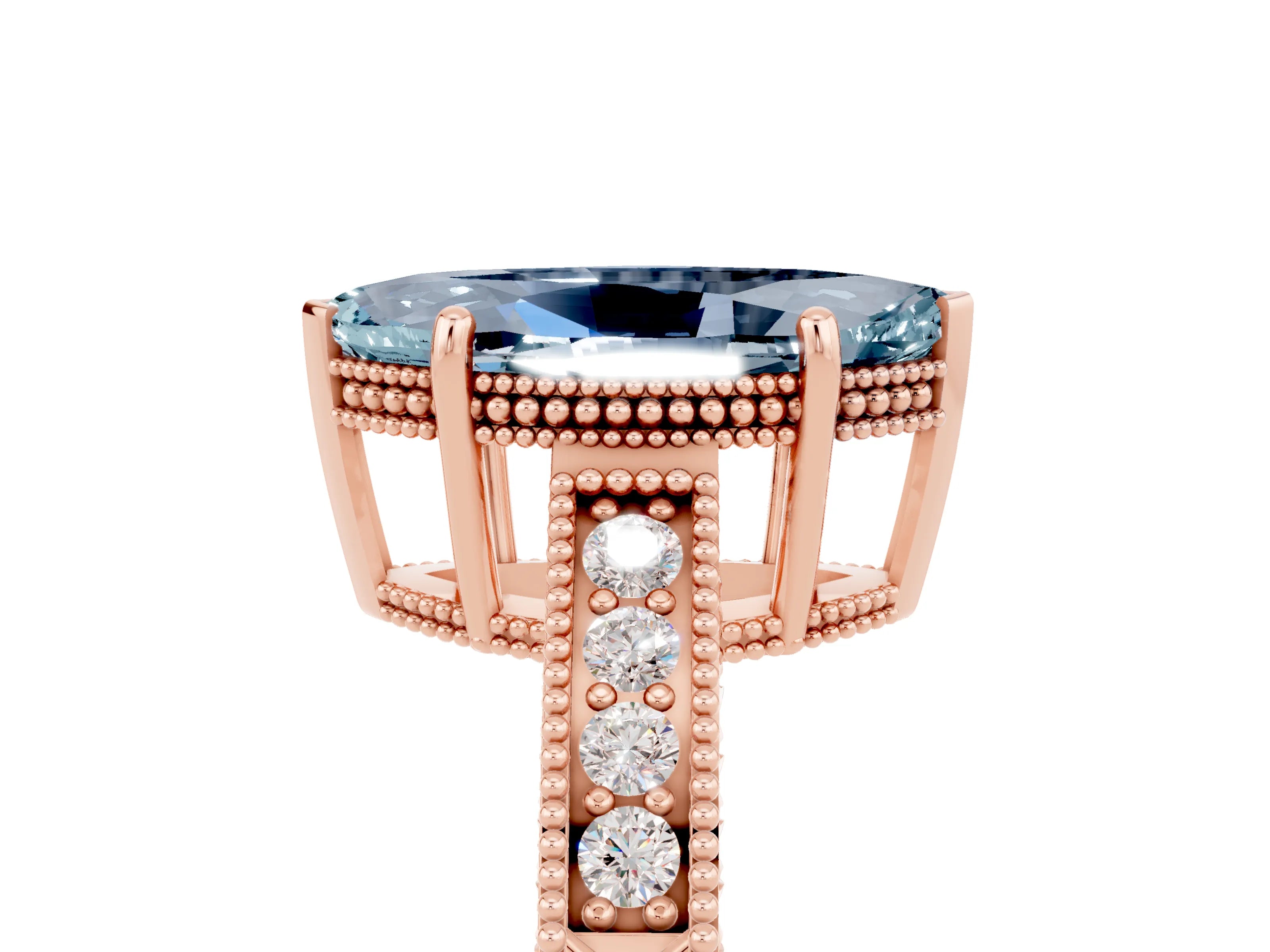 Rose gold Marquise Cut Aquamarine Ring with Milgrain Pavé Band and Four-Prong Setting_17