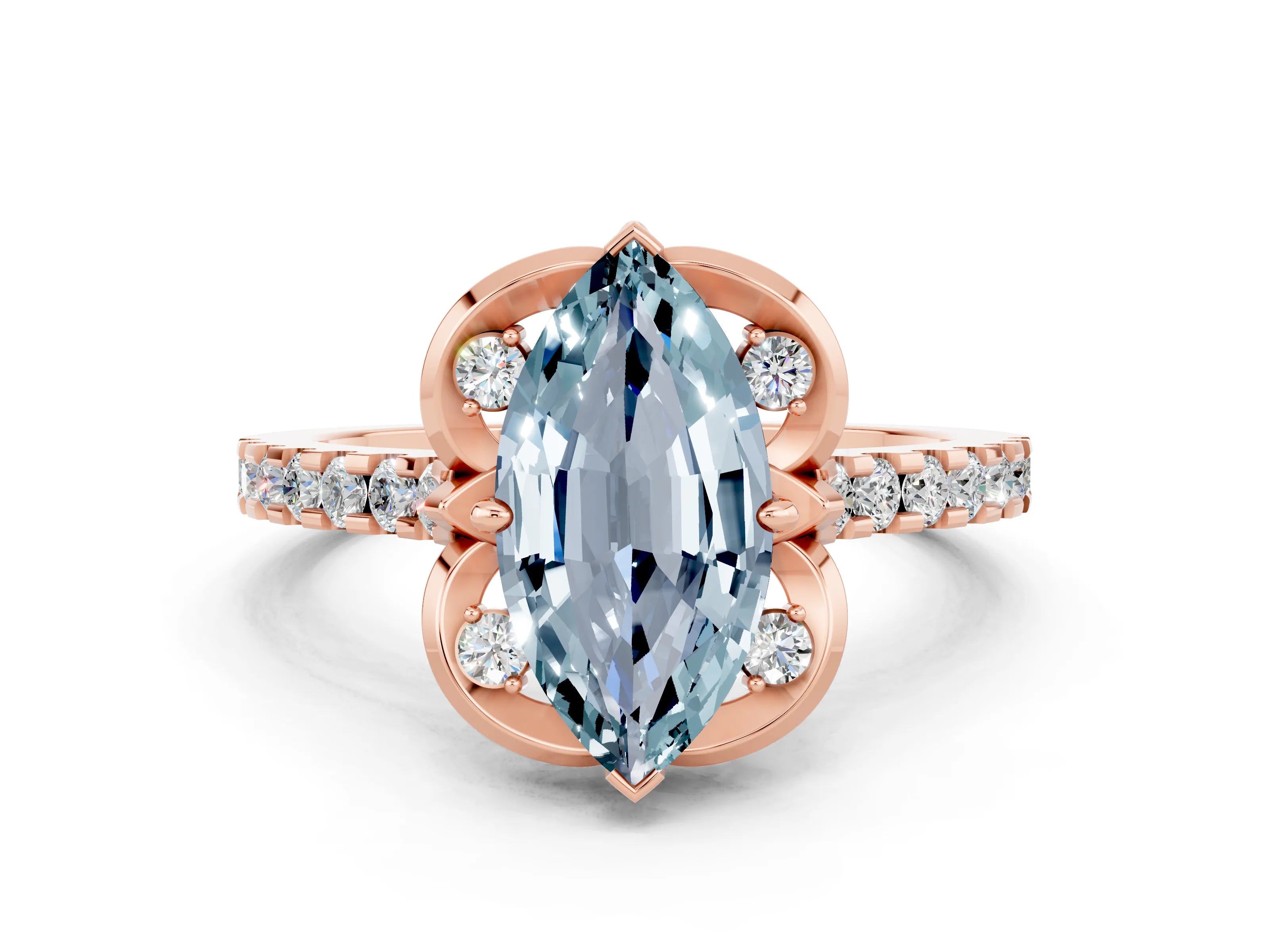 Rose gold Marquise Cut Aquamarine Ring with Pavé Band and Floral Prong Setting
