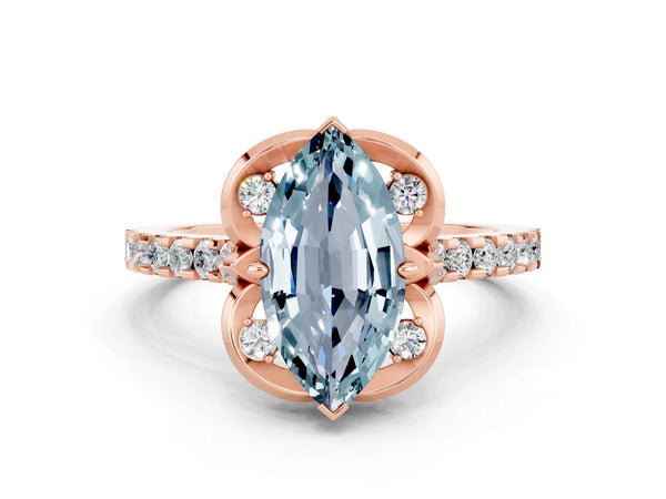 Rose gold Marquise Cut Aquamarine Ring with Pavé Band and Floral Prong Setting