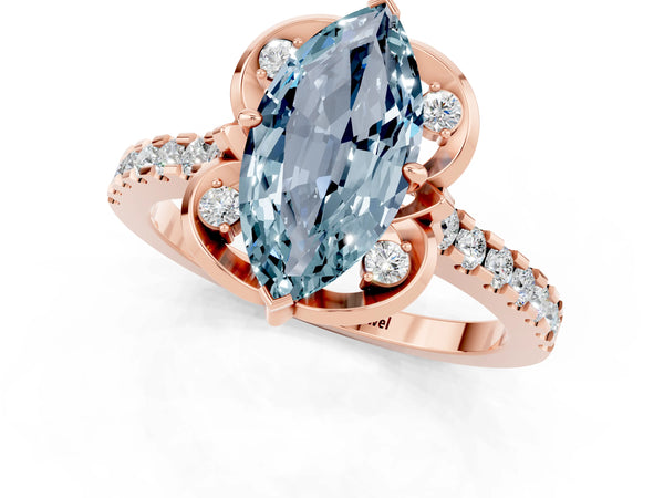 Rose gold Marquise Cut Aquamarine Ring with Pavé Band and Floral Prong Setting