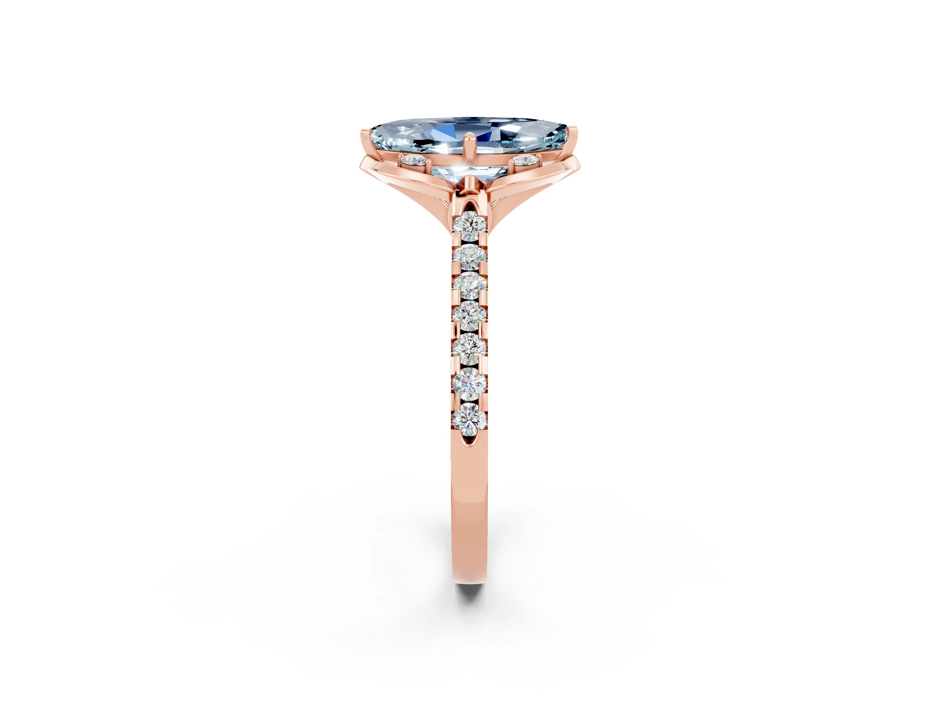 Rose gold Marquise Cut Aquamarine Ring with Pavé Band and Floral Prong Setting_2