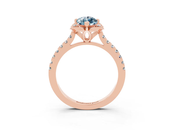 Rose gold Marquise Cut Aquamarine Ring with Pavé Band and Floral Prong Setting