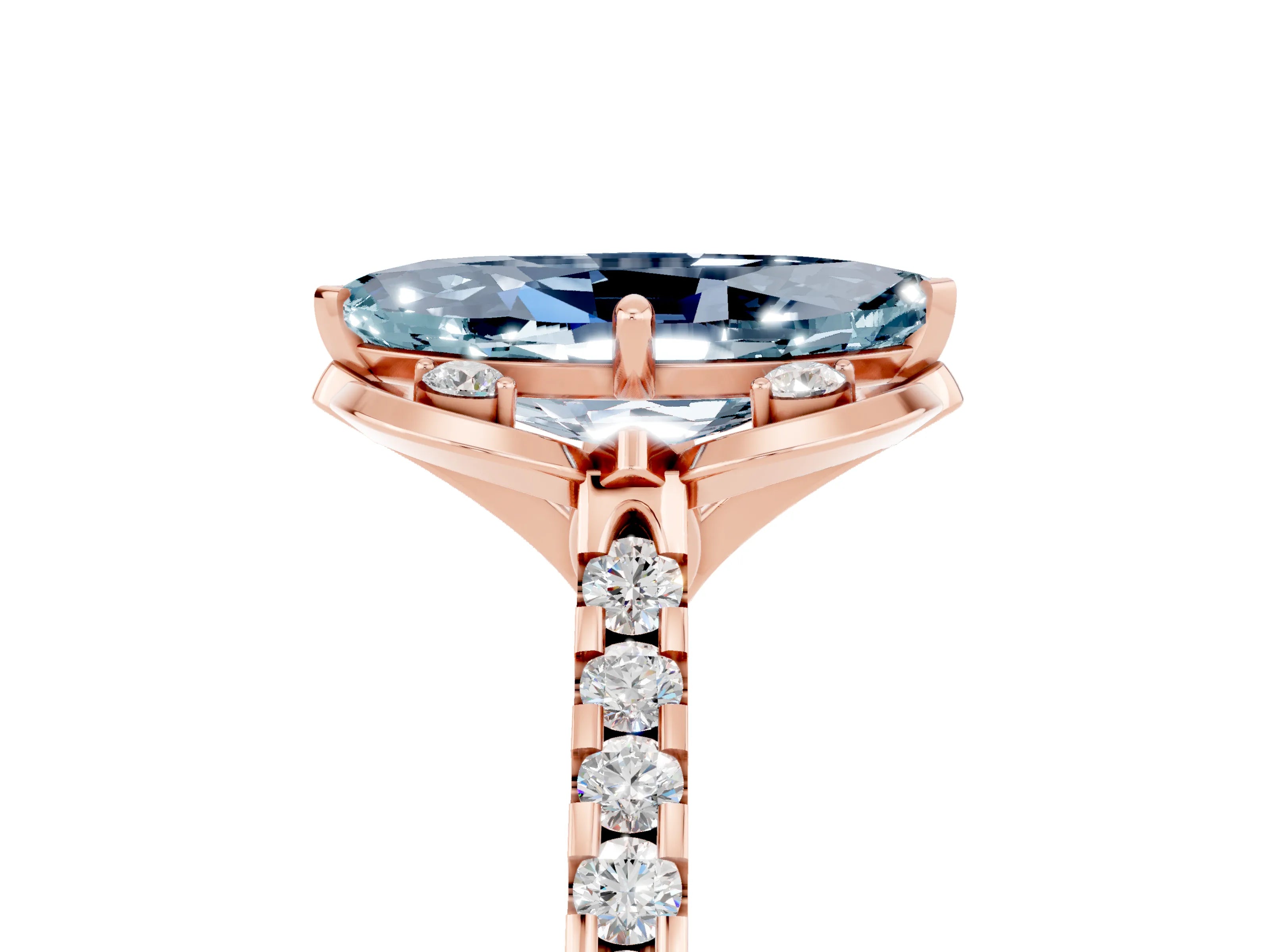 Rose gold Marquise Cut Aquamarine Ring with Pavé Band and Floral Prong Setting_5
