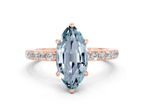 Rose gold Marquise Cut Aquamarine Ring with Pavé Band and Four-Prong Setting