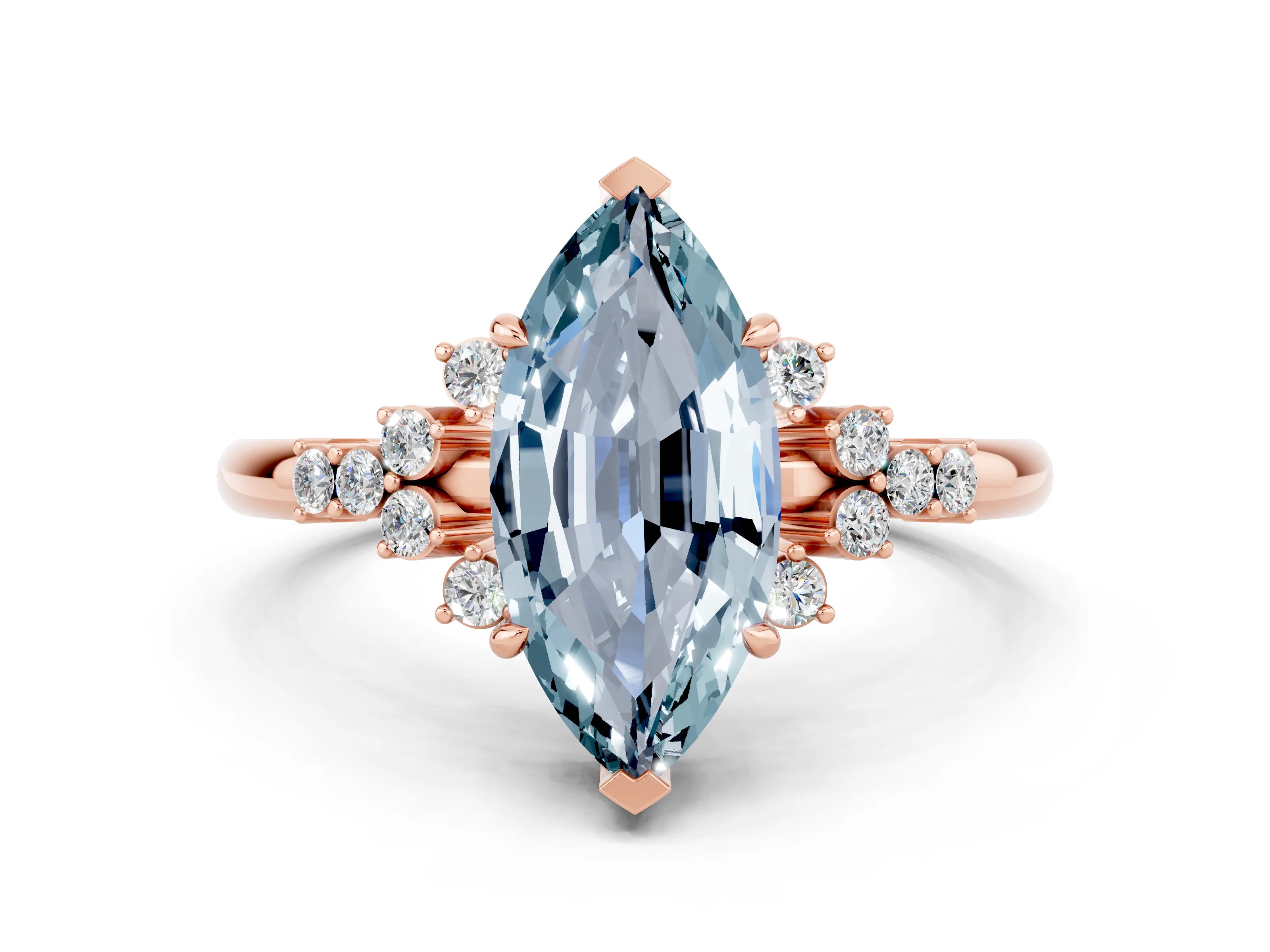 Rose gold Marquise Cut Aquamarine Ring with Side Stones and Four-Prong Setting_36