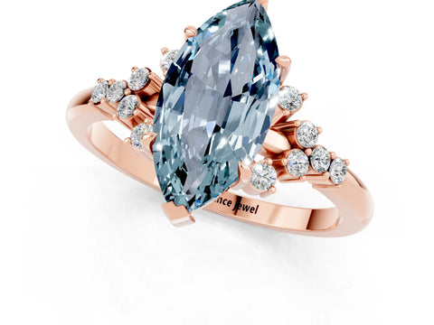 Rose gold Marquise Cut Aquamarine Ring with Side Stones and Four-Prong Setting_37