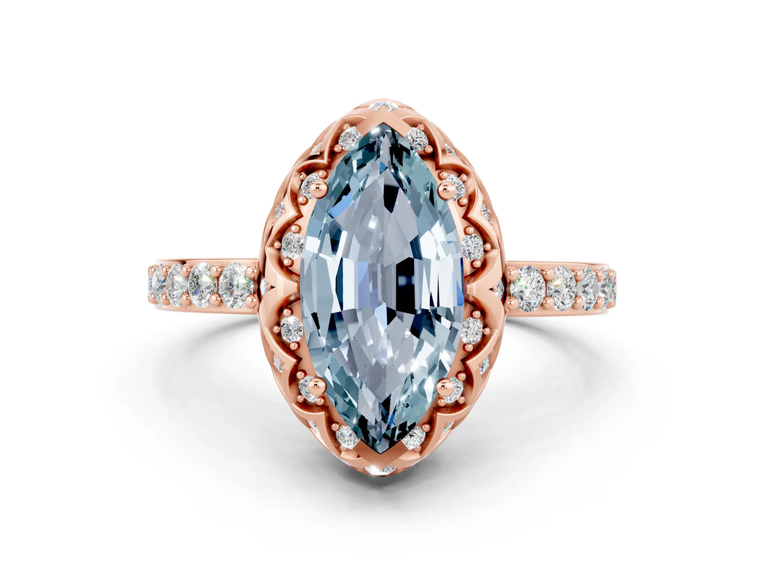Rose gold Marquise Cut Aquamarine Scalloped Halo Engagement Ring with Round Shared Prong Band_12
